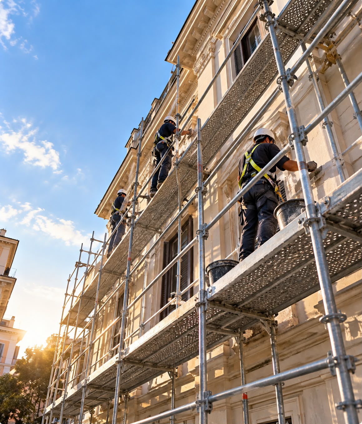 Operatori su ponteggio durante la manutenzione della facciata di un edificio